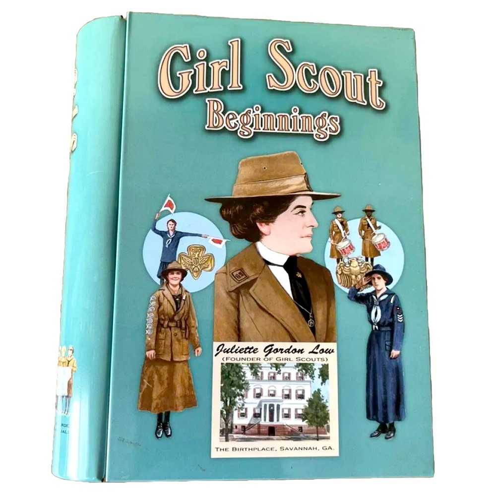 Vintage Girl Scout Beginnings Book Shaped Tin Box, Juliette Gordon Low